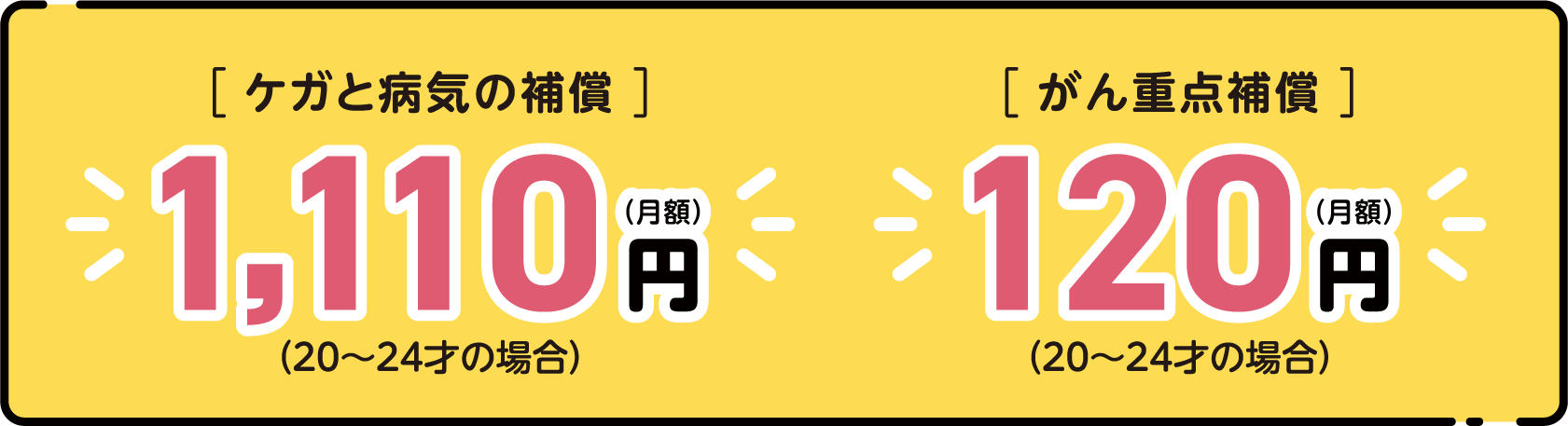 ケガと病気の補償 月額1,110円（20〜24才の場合） がん重点補償 月額120円（20〜24才の場合）